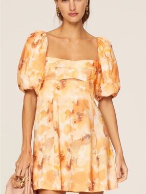 Watercolor Puff-Sleeve Mini Dress in Orange
